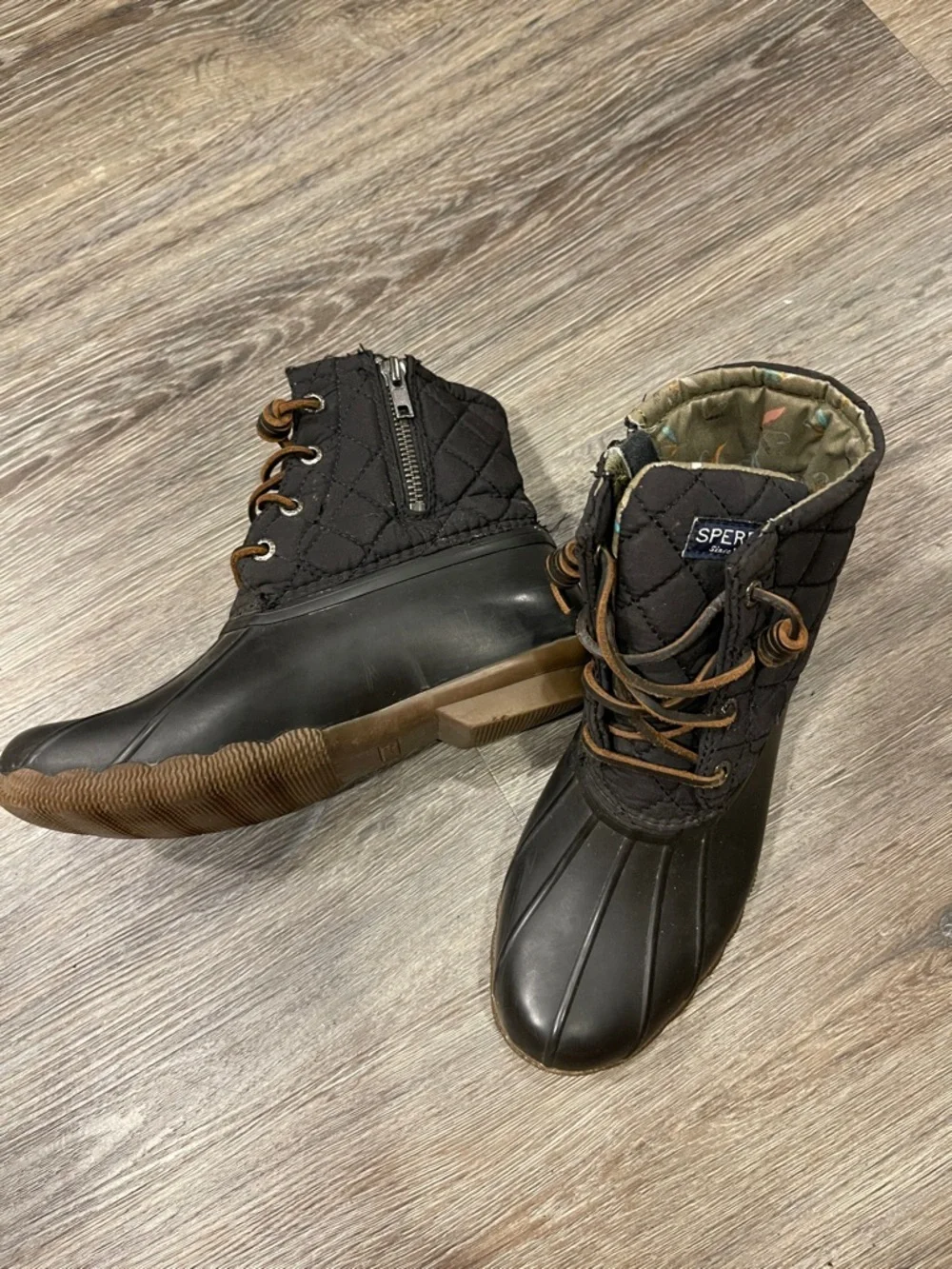 Sperry Black Quilted Rain Boots with Brown Laces